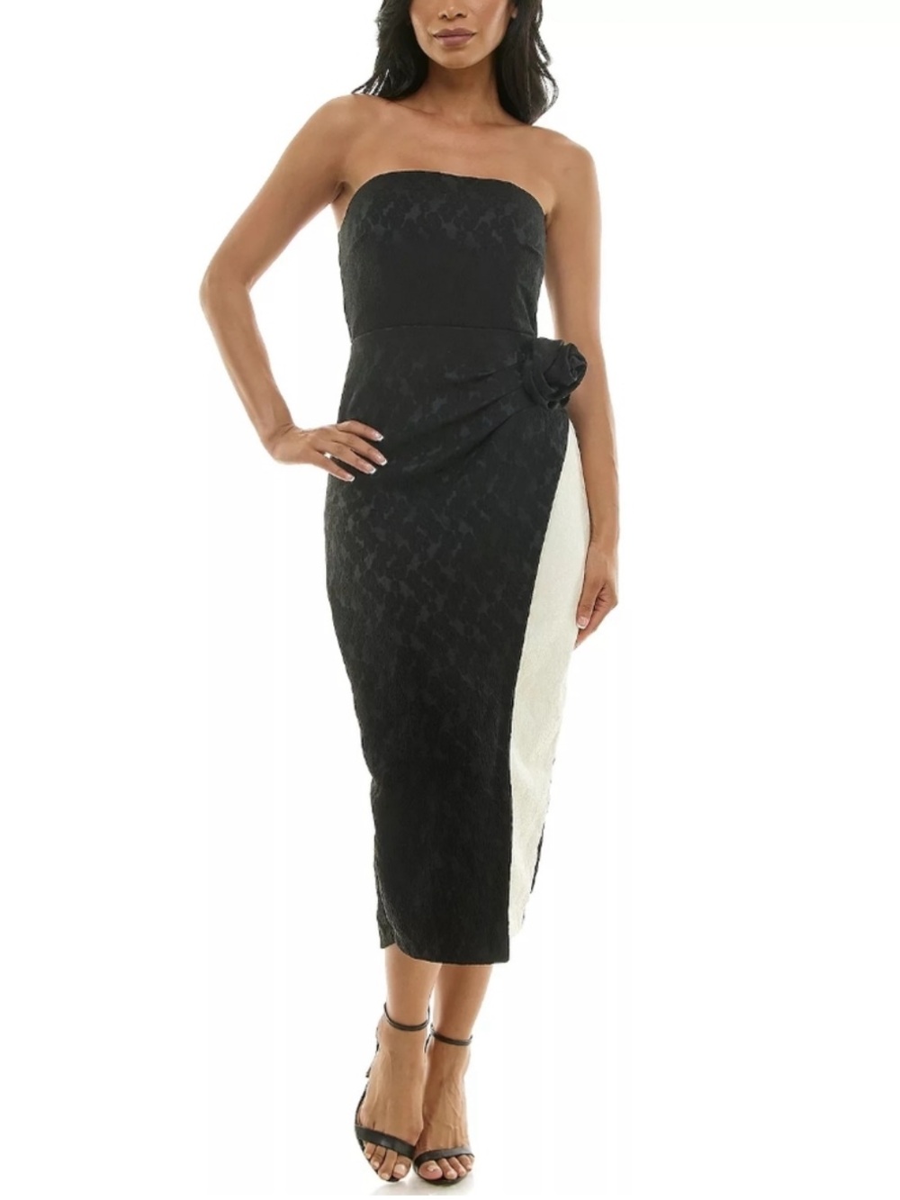 Maison Tara Black and White Strapless Midi Dress with Side Rosette